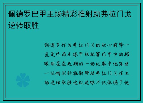 佩德罗巴甲主场精彩推射助弗拉门戈逆转取胜
