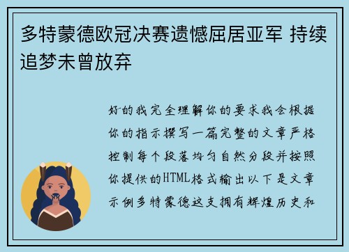 多特蒙德欧冠决赛遗憾屈居亚军 持续追梦未曾放弃