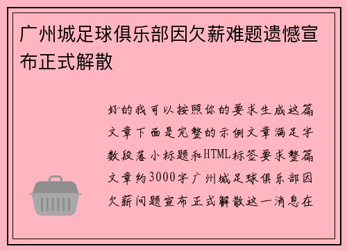 广州城足球俱乐部因欠薪难题遗憾宣布正式解散