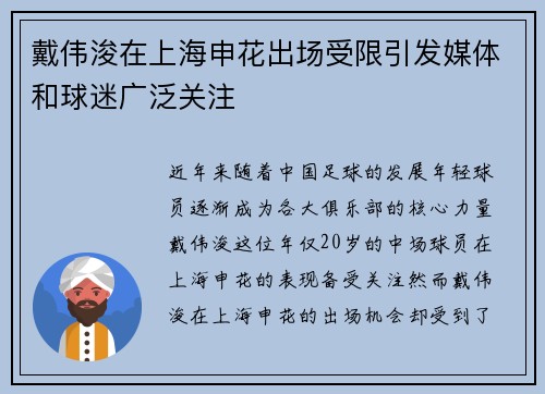戴伟浚在上海申花出场受限引发媒体和球迷广泛关注