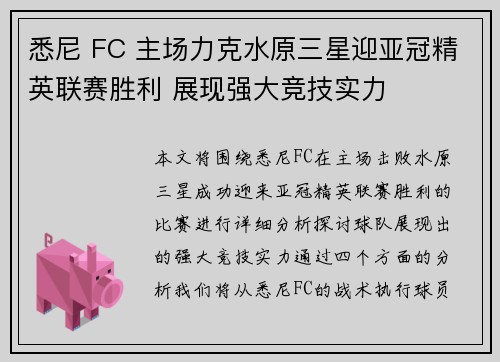 悉尼 FC 主场力克水原三星迎亚冠精英联赛胜利 展现强大竞技实力